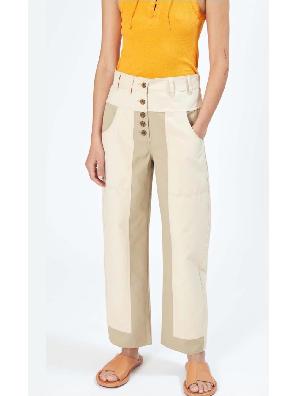 High-Waist Two-Tone Utility Pants - Cream & Tan